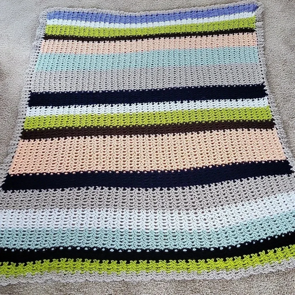 Handmade Striped Mulit Color Crochet Afghan  Blanket Approx.‎ 61 x 46 Grey Trim